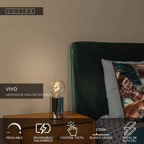 Lucide VIVO - Lámpara de mesa Recargable - Batería/acumulador - Ø 8 cm - LED Regul. - E27 - 1x1W 2700K - Cromo - USP